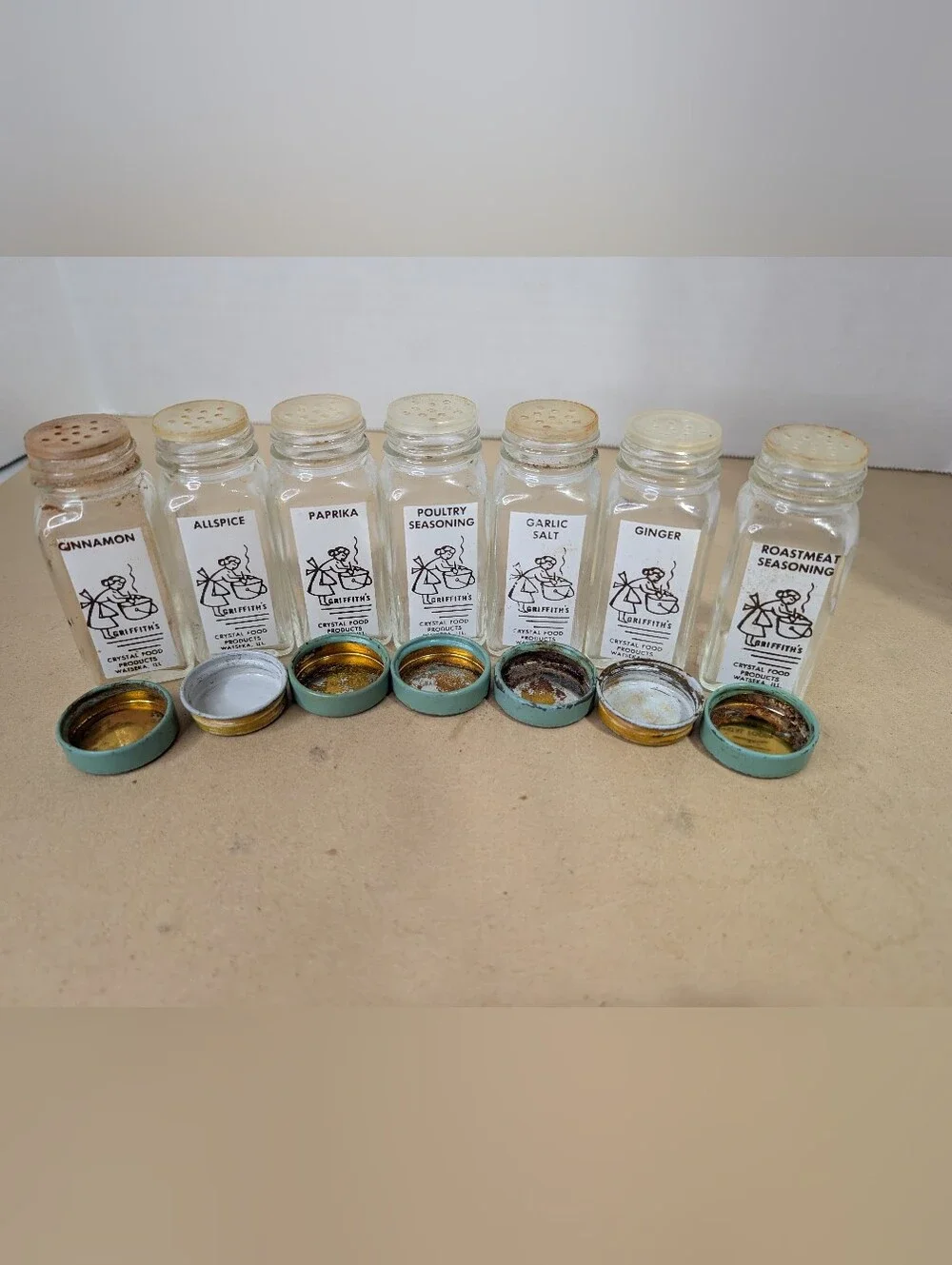Lot Of 7 Vintage Griffiths Crystal Food Glass Spice Glasses Jars Clear Glass